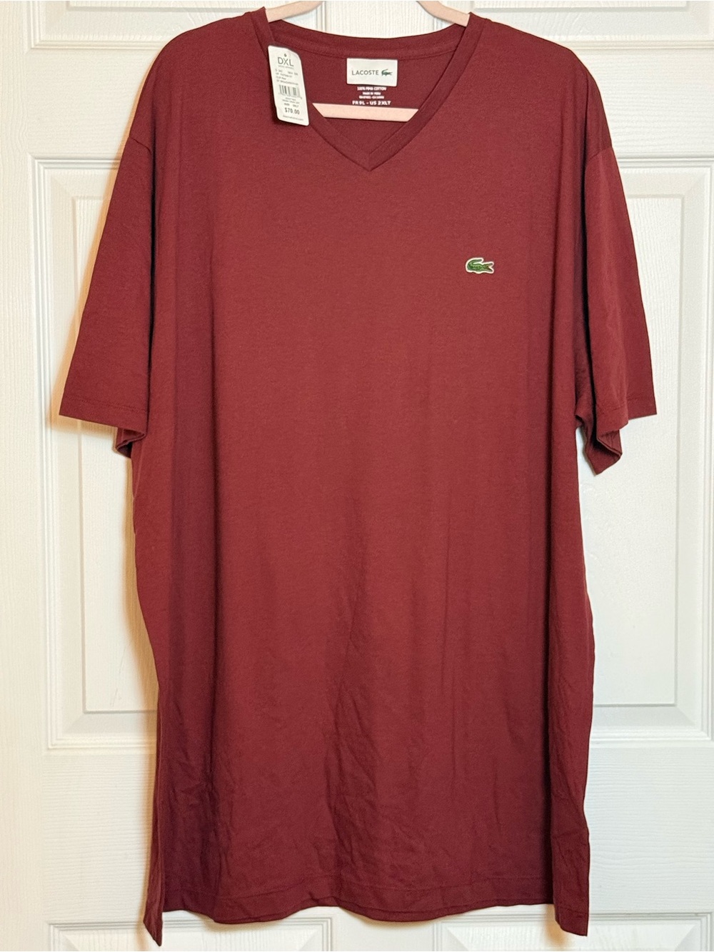 NWT Lacoste Men's T-Shirt 2XLT Big & Tall V-Neck Pima Cotton Cranberry